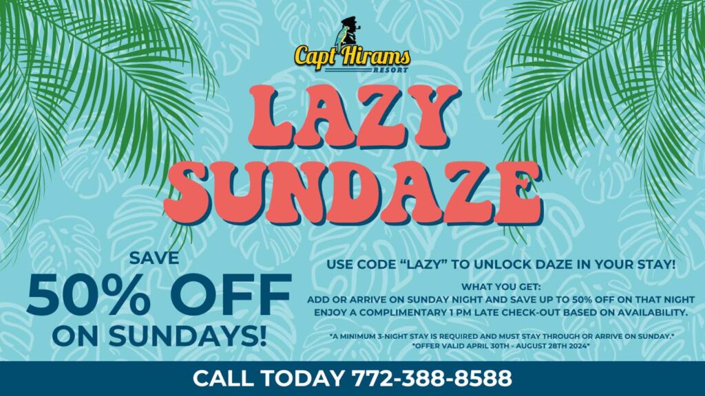 LAZY SUNDAZE PACKAGE (LAZY) Save more when you stay a little longer! Add or arrive on Sunday night and save up to 50% off on Sunday night. A minimum 3-night stay is required and must stay through or arrive on Sunday. Complimentary 1 PM Late check-out based on availability. The promotion will end in August 28th, 2024