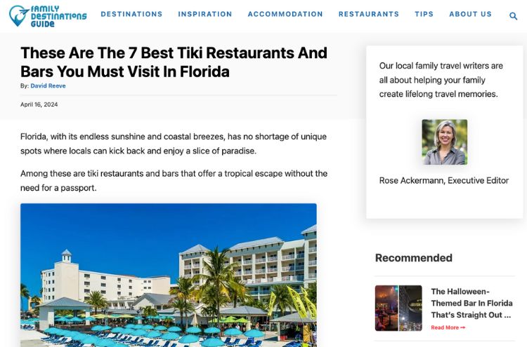 Screen Shot of Family Destinations Guide's article about Capt Hirams Resort