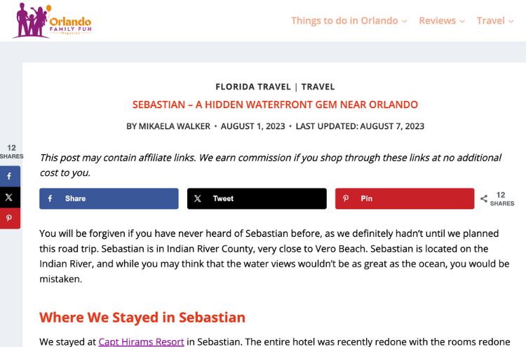 Screen Shot of Orlando Family Fun's article about Capt Hirams Resort