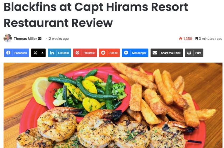 Screen shot of The Treasure Coast Foodie's article about Capt Hirams Resort