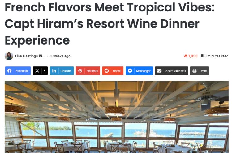 Screen shot of The Treasure Coast Foodie's article about Capt Hirams Resort