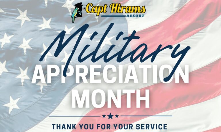 Join us at Capt. Hiram's as we honor our troops during Military Appreciation Month! Throughout November, active and retired military personnel can enjoy exclusive discounts: 20% off food and beverages, 20% off Boatique purchases, 30% off hotel stays, and 10% off River King cruises. Simply present a valid military ID to take advantage of these special offers. Thank you for your service!