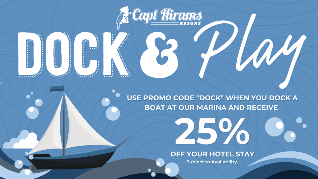 January 1, 2025 – December 30, 2025
Blackout dates apply - holidays and special events.
Use promo code "DOCK" to receive 25% off Room Stay while docking at the marina. Must show proof that you are staying in the Capt Hirams Marina. Subject to availability. To reserve your spot in the Marina, call 772-589-4345.
Not to be combined with any other promotional offers from our resort or third-party providers. This offer applies to any room type. Must complete stay within the offer dates above.