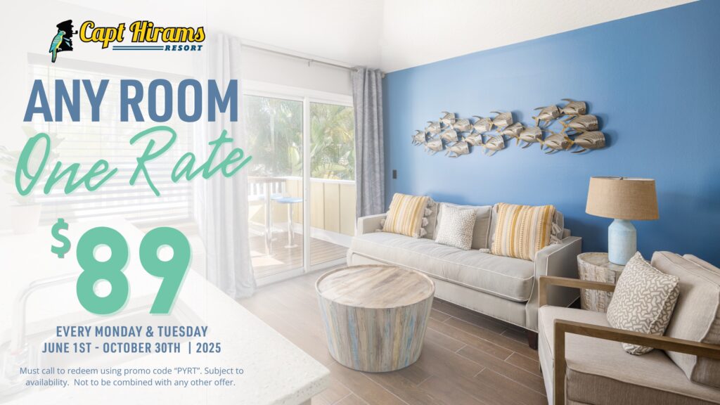 Mondays & Tuesdays, June – October 2025
Want an upgrade without the added cost? Now you can!

Every Monday and Tuesday, enjoy the freedom to choose any available room type for just $89 per night.

Whether you’re eyeing a better view or a more spacious layout, this is your chance to treat yourself without the splurge.

To redeem, simply call (772) 388-8588 and mention the promo code “PYRT” at checkout.

Please note, this promotion is valid for Monday and Tuesday night stays only, cannot be combined with other offers, and excludes holiday and special event dates.

Upgrade your stay, without upgrading your budget!