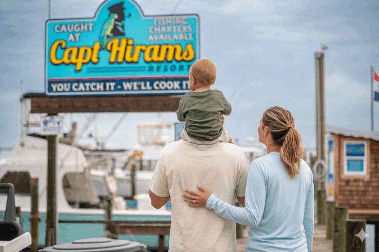 Father, child and mother walking at the marina at Capt Hirams Resort